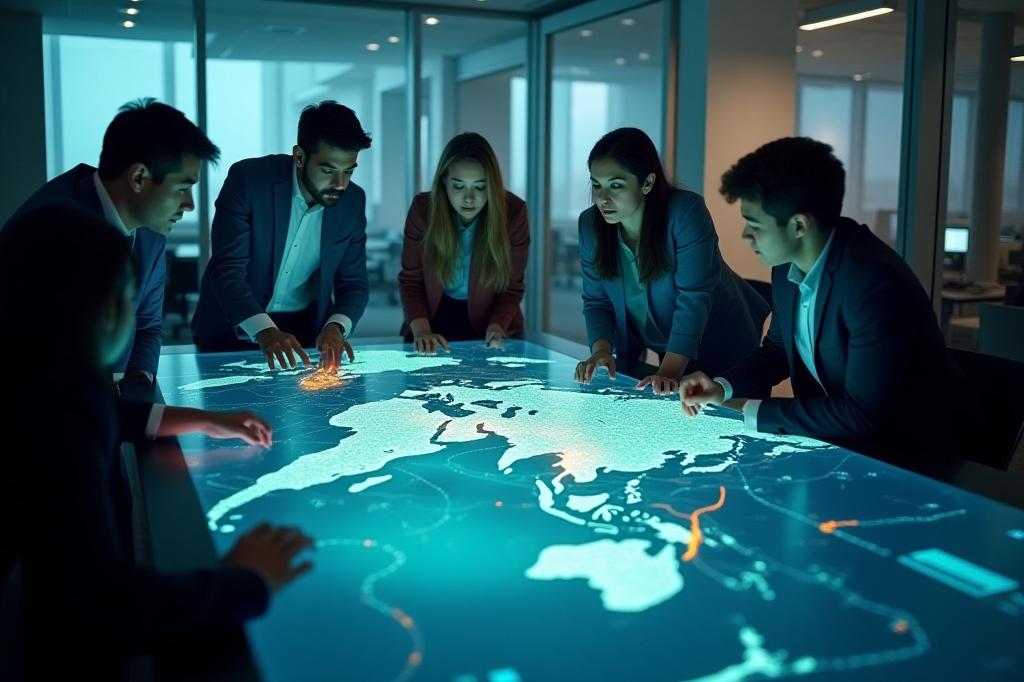 Gridship logistics team planning routes on a digital map table